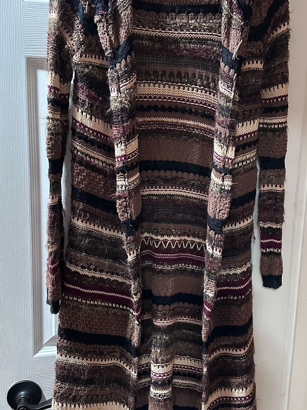 Ecote Long Striped Open-Front Cardigan in Brown Multi
